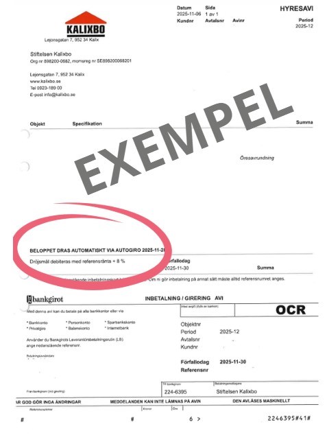 Exempel på en hyresavi